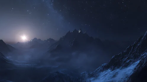 Nocturnal mountain range under distant rising light source.