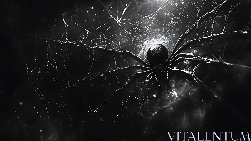 Monochrome spider against glistening web in darkness.