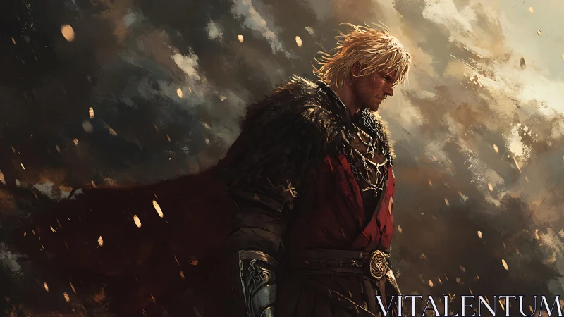 Warrior in fur cloak stands amid drifting ember filled sky