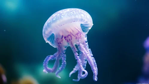 Single translucent jellyfish in blue underwater environment.