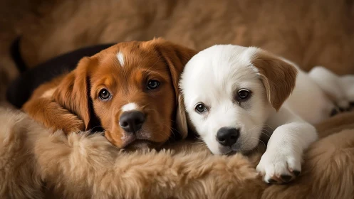 Two relaxed puppies lying close on a soft fur blanket.