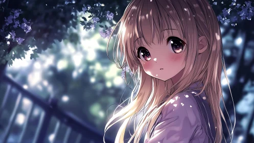 Soft dusk portrait of blonde girl under lilac foliage.