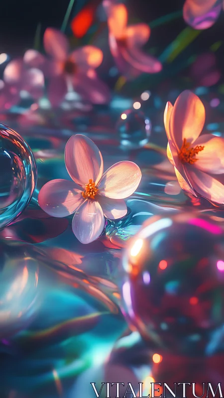 Translucent Flowers Bathed in Prismatic Neon Glow.