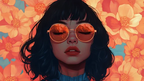 Digital portrait of woman in orange lenses amid floral bokeh