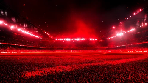 Floodlit red football stadium under intense night sky.