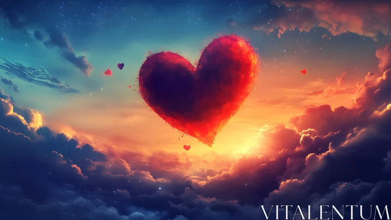 Large crimson heart shape positioned centrally within cloudscape.
