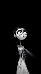 Gothic bride character in stark monochrome spotlighted darkness.