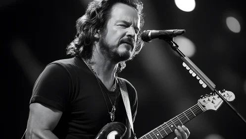 Rock singer plays electric guitar on stage in black and white.