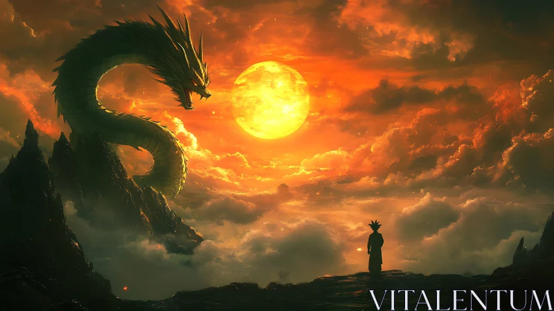 Giant serpentine dragon confronts lone figure at fiery sunset