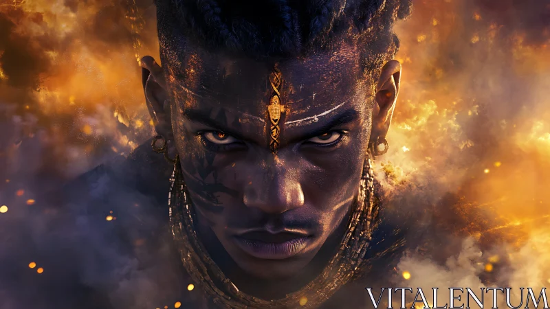 Mystic warrior portrait amid ember cloud and golden smoke field.