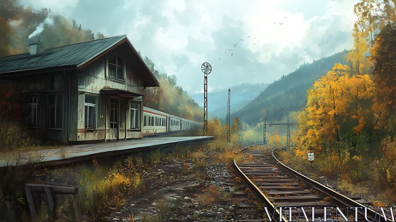 Quiet mountain train stop wrapped in soft autumn color.