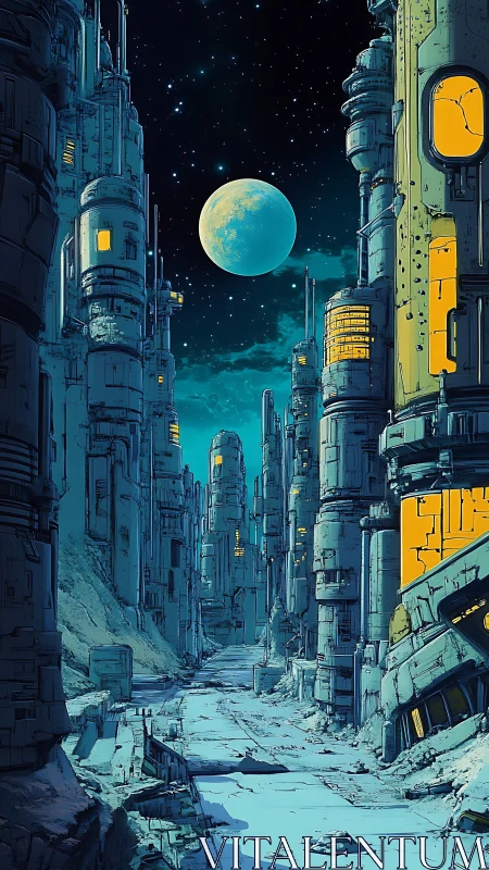 Futuristic lunar street shows tall blue towers under moon