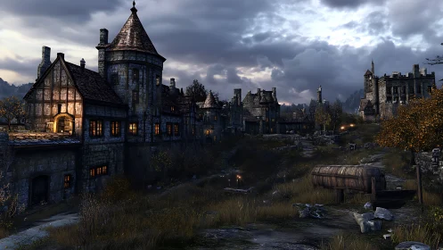 Gloomlit medieval hillside town humming with secret hearths.