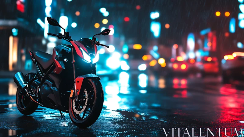 Midnight streetfighter motorbike in neon rainstorm glow.