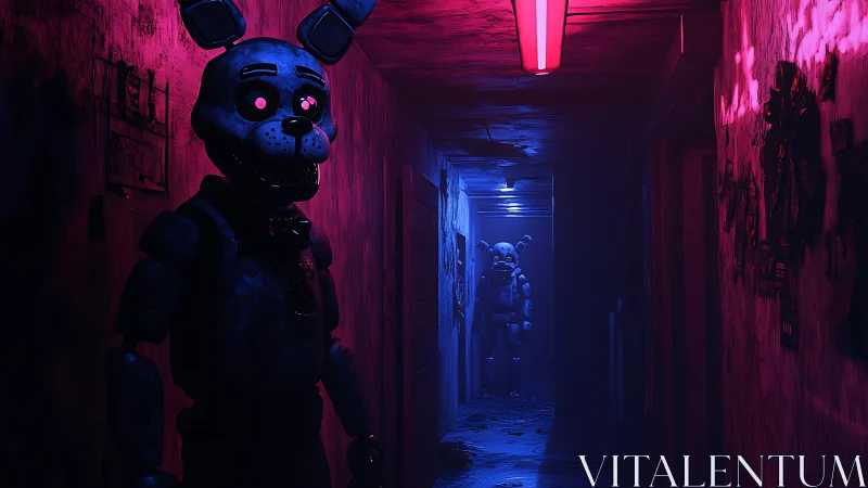 Dual animatronic figures in neon-lit corridor with volumetric fog