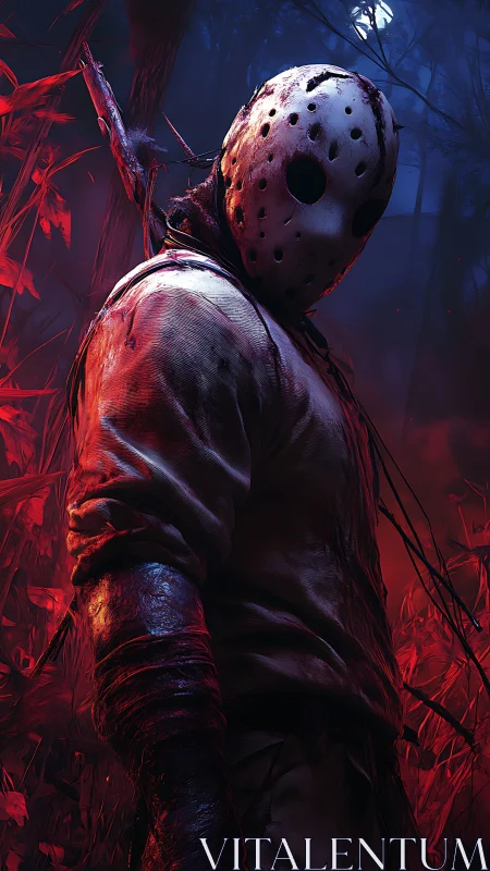 Masked slasher stalks blood-red forest under moonlit haze.