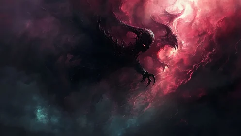 Stormborn shadow creature looms within glowing crimson clouds