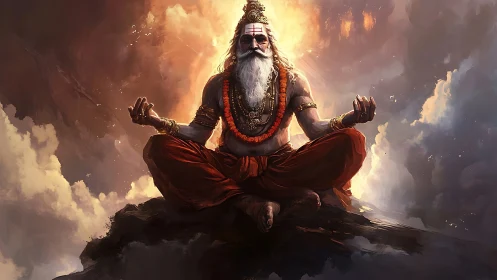 Mystic sage in fiery clouds radiates serene divine power.