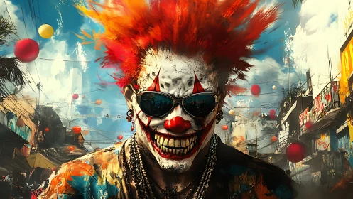 Psycho neon clown grinning in chaotic urban carnival street.