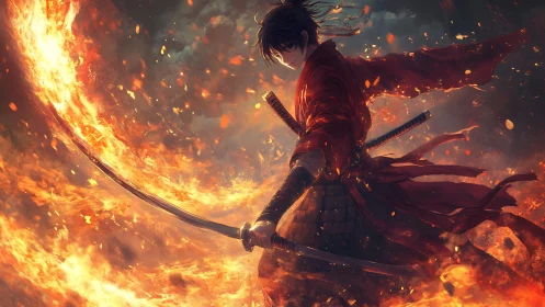 Flame-wreathed samurai warrior executing fiery sword arc.