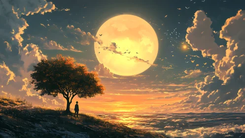 Silhouette under huge moon on glowing coastal hillside sky.