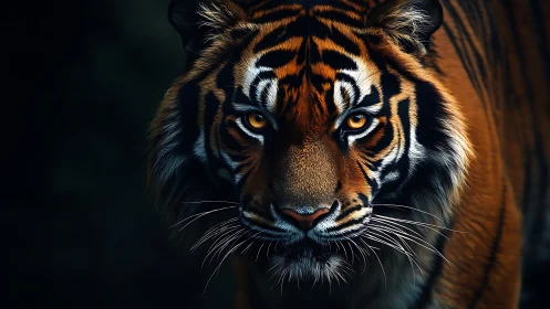 Tiger portrait glows under dramatic low key lighting.