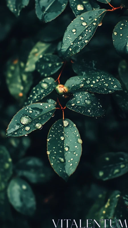 Rain-beaded dark green leaves with single emerging bud.
