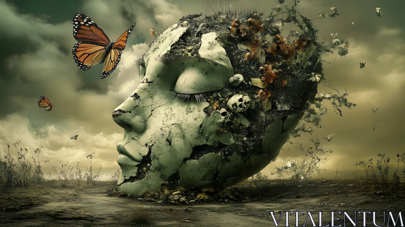 Gentle stone face dreaming as butterflies stir quiet skies.