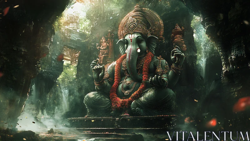 Ganesha stone idol in misty forest cave shrine at sunrise.