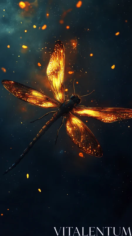 Glowing dragonfly drifts through ember-lit cosmic night sky.