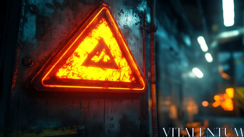 Luminous hazard triangle on corroded industrial bulkhead panel.