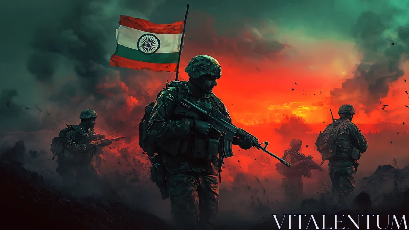 Indian infantry squad advancing under tricolor at dusk battlefield