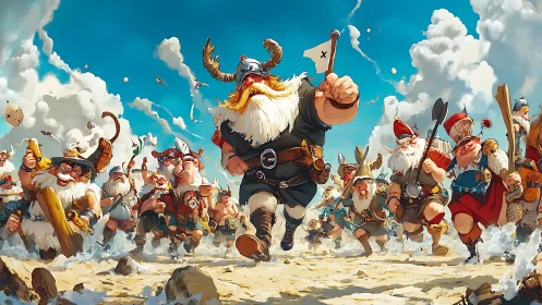 Dynamic cartoon viking horde charge under expansive sky.
