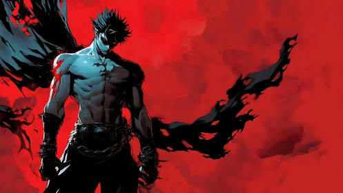 Shadow warrior stands boldly against a storm of red fury