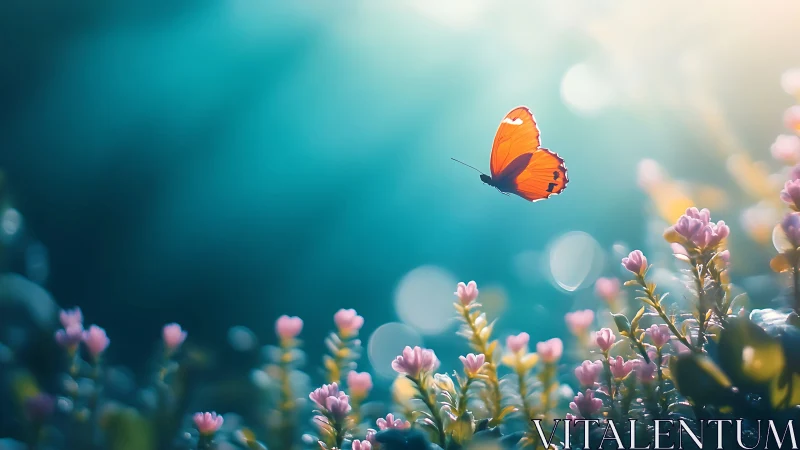 Orange butterfly drifts above dreamy teal spring flowers