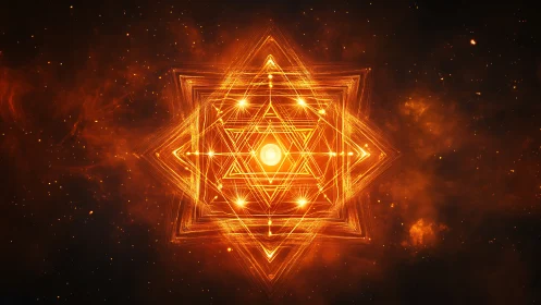 Luminous sacred geometry star ignites within cosmic nebula.