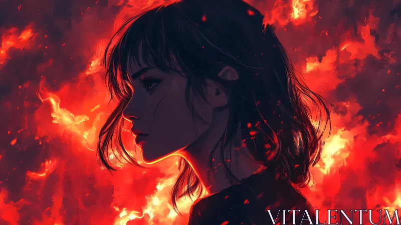 Flaming silhouettes whisper around the girl of embers