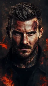 Scarred warrior portrait framed by burning embers and smoke.