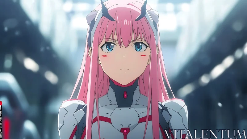Pink haired mecha pilot stands focused in futuristic hangar