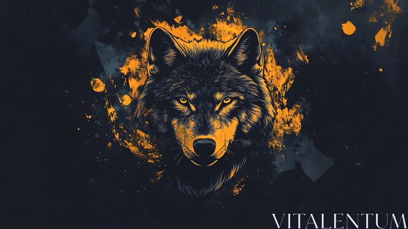 High-contrast stylized wolf portrait with orange ink splashes