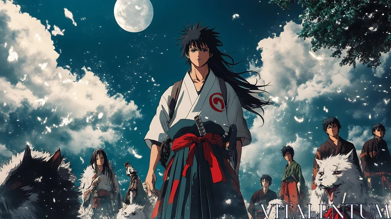 Group of stylized warriors and wolves stand under full moon