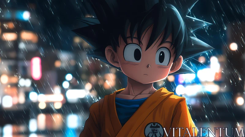 Anime boy in orange gi standing in rainy city at night.