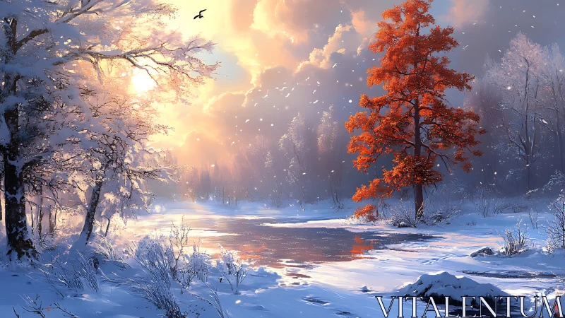 Winter river landscape with snow, clouds, and lone red tree.