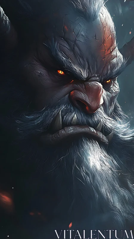 Demonic warrior portrait shows textured horns, tusks and ember-lit gaze