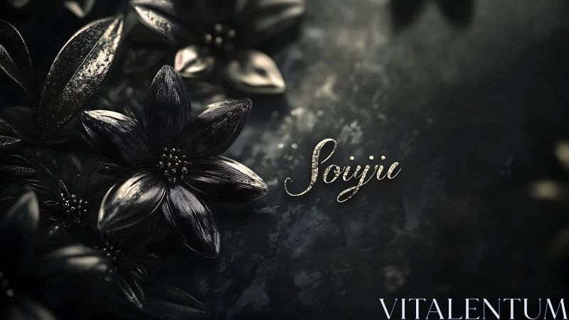 Metallic floral typography glows against dark bokeh field
