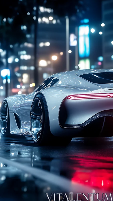Futuristic silver sports car on wet neon city street at night.