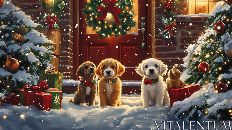 Puppies on snowy doorstep with Christmas trees and gifts.