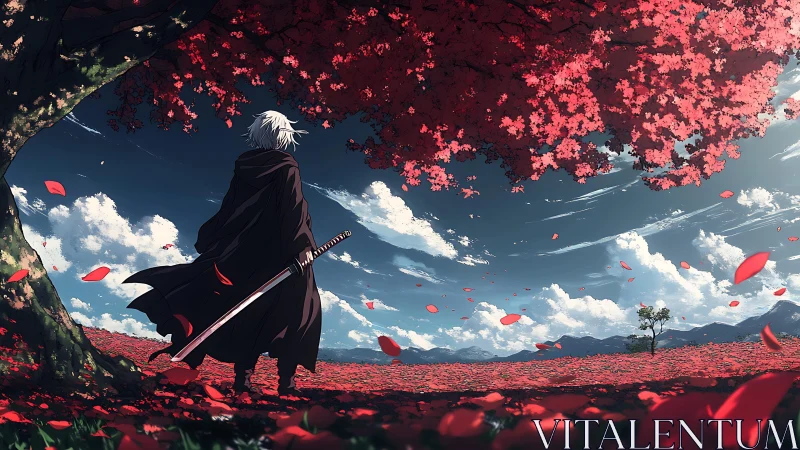 Swordsman stands under dense red tree facing distant mountains