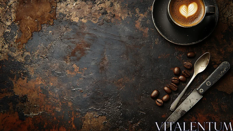 Cappuccino with latte art anchors a rustic, textural still life