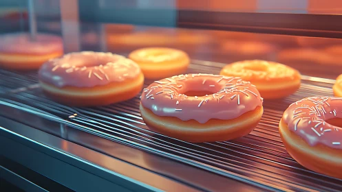 Pink glazed donuts on metal rack in warm bakery case.